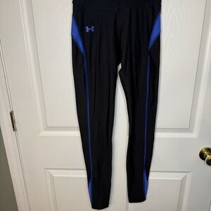 Under Armour Coldgear Black Leggings Blue Trim Running Tights Size Medium GUC